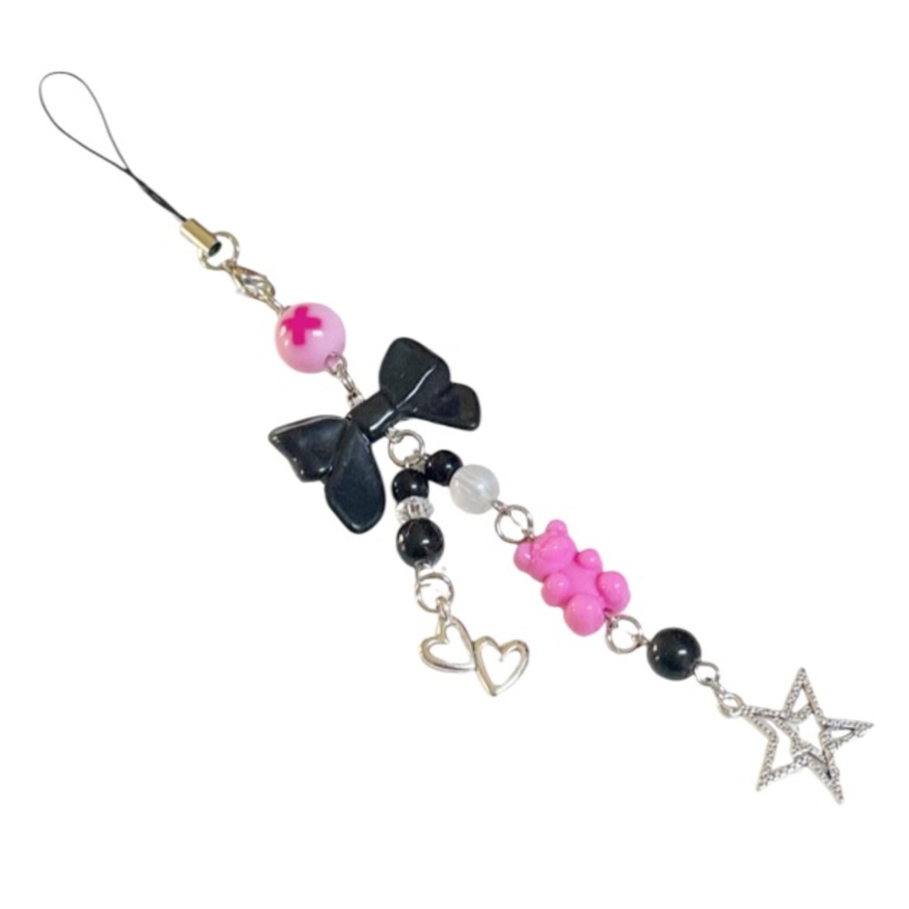 Black pink bow gummy bear metallic silver phone charm 7”